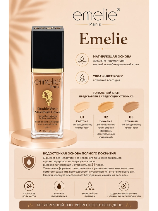 Tonal krem, emelie SPF 25 makiyaj asosi, namlantiruvchi, xira tusli, 45 ml - 