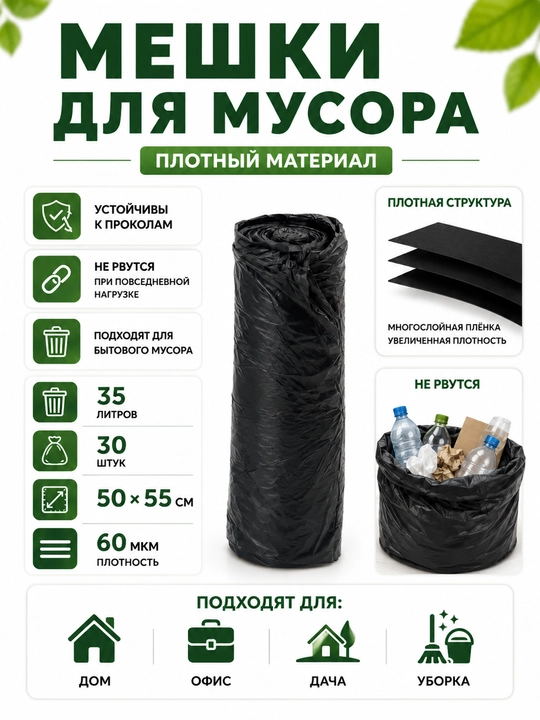 Axlat uchun paketlar 35 litr, 50×55 sm, 60 mkm, 30 dona, qora