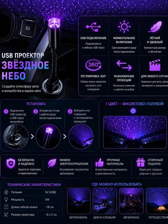 USB-проектор для автомобиля и дома мини USB-проектор звёздного неба
