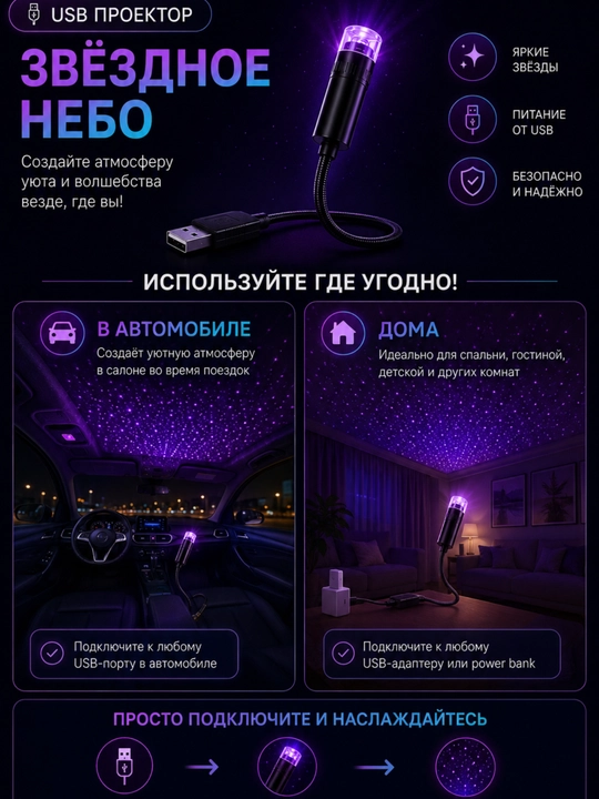 USB-проектор для автомобиля и дома мини USB-проектор звёздного неба