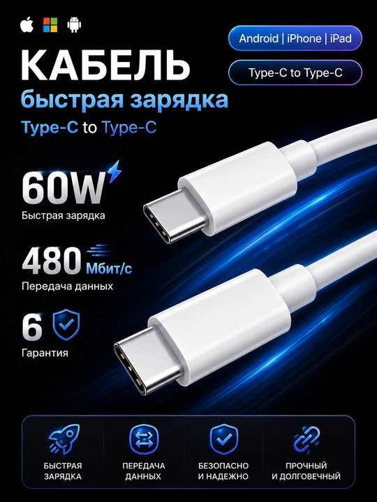 Zaryadlovchi kabel TYPE-C to TYPE-C, telefonni zaryadlash uchun - 