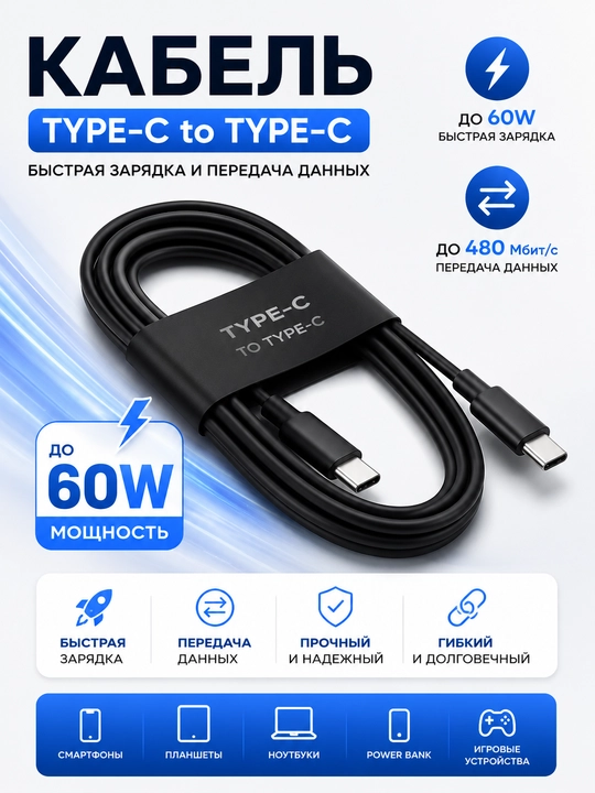 Zaryadlovchi kabel TYPE-C to TYPE-C, telefonni zaryadlash uchun