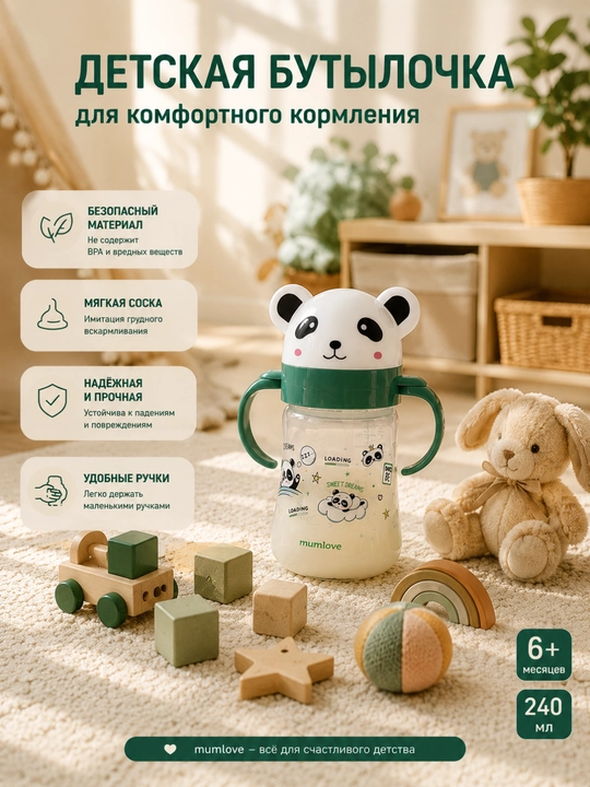 Dastakli va silikon so‘rg‘ichli bolalar shishasi, 240-250 ml, 6 oydan oshgan bolalar uchun