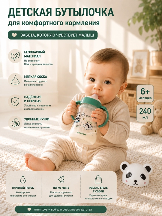Dastakli va silikon so‘rg‘ichli bolalar shishasi, 240-250 ml, 6 oydan oshgan bolalar uchun