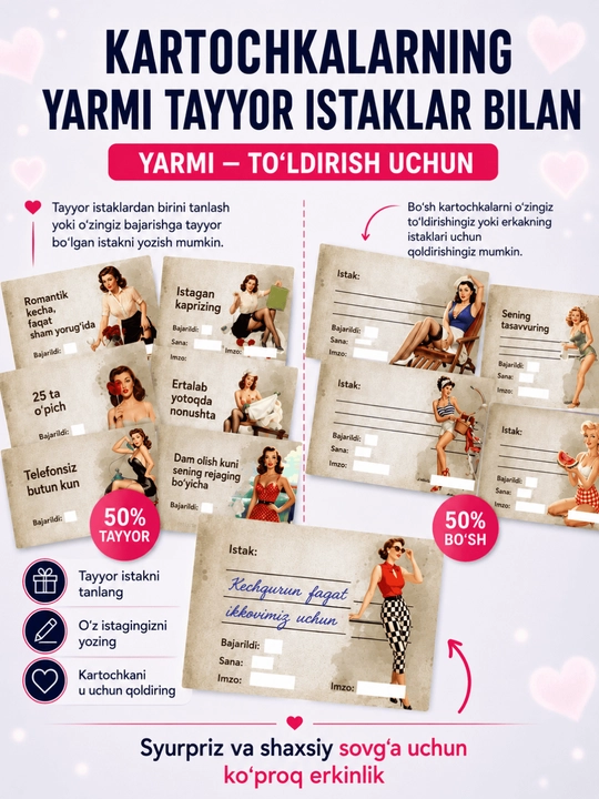 Sevimlingiz uchun sovg‘a, istaklar chek daftarchasi, juftliklar uchun 18+ o‘yin
