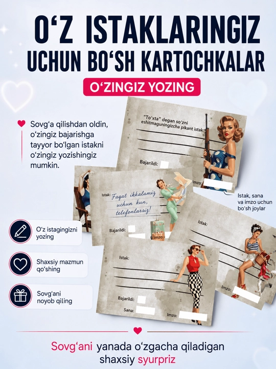 Sevimlingiz uchun sovg‘a, istaklar chek daftarchasi, juftliklar uchun 18+ o‘yin