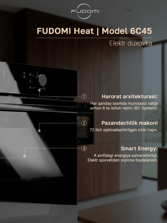 Ichki o‘rnatiladigan elektr pech Fudomi Heat 9C45 / Heat 14C45