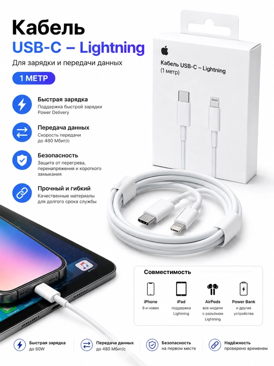 Кабель USB-C - Lightning для iPhone, зарядный кабель для iPhone X, 11, 12, 13 и 14