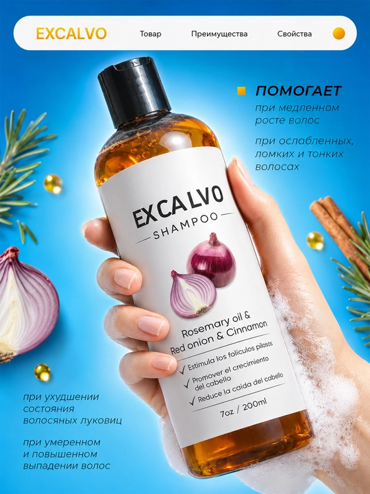 Шампунь EXCALVO для укрепления волос с розмарином красным луком и корицей 200 мл