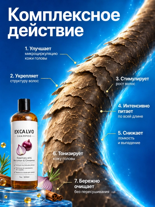 Шампунь EXCALVO для укрепления волос с розмарином красным луком и корицей 200 мл