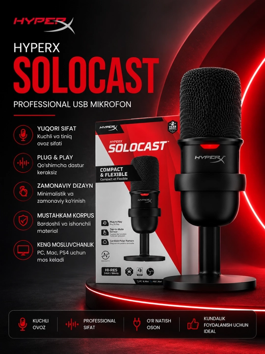 HyperX SoloCast USB Kondensator Mikrofon Streaming Podcast Gaming va Yozuv Uchun - 