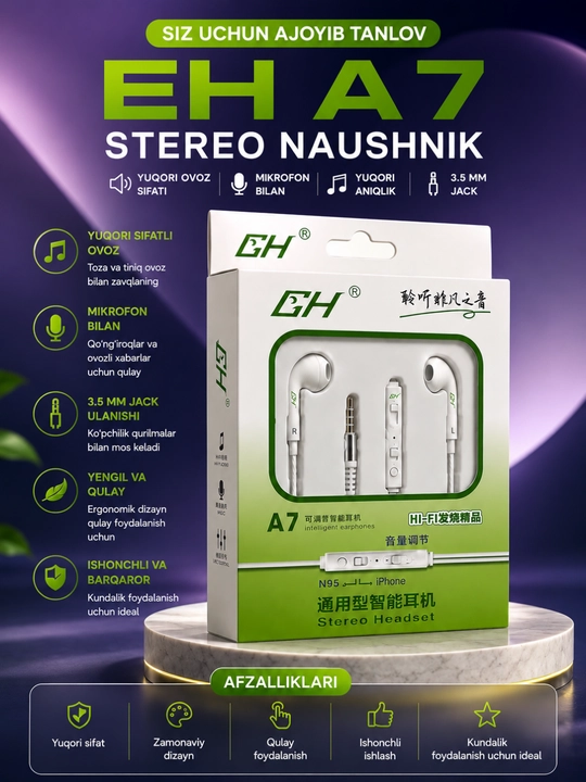Android, iPhone va planshetlar uchun 3,5 mm mikrofonli A7 stereo simli quloqchinlar - 