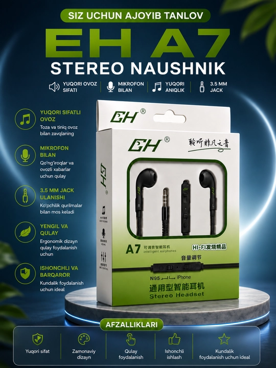 Android, iPhone va planshetlar uchun 3,5 mm mikrofonli A7 stereo simli quloqchinlar - 