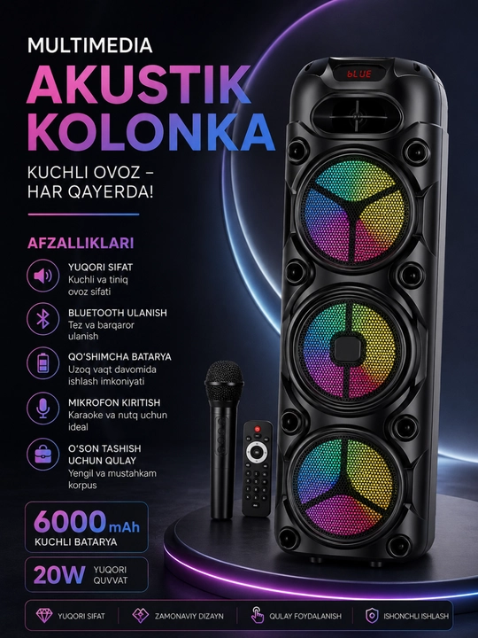 Simsiz mikrofon va pultli 6000 Vt quvvatli premium Bluetooth karaoke karnay - 
