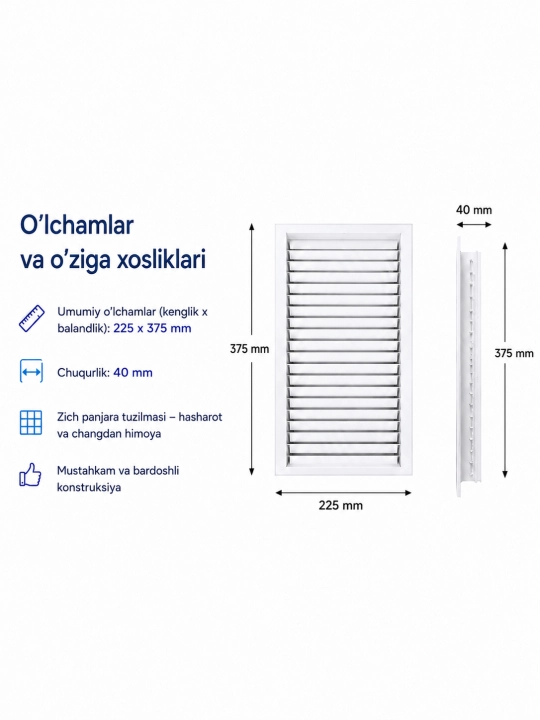 Ventilyatsiya reshyotkasi  metall, oq, ikki tomonlama havo taqsimlagich