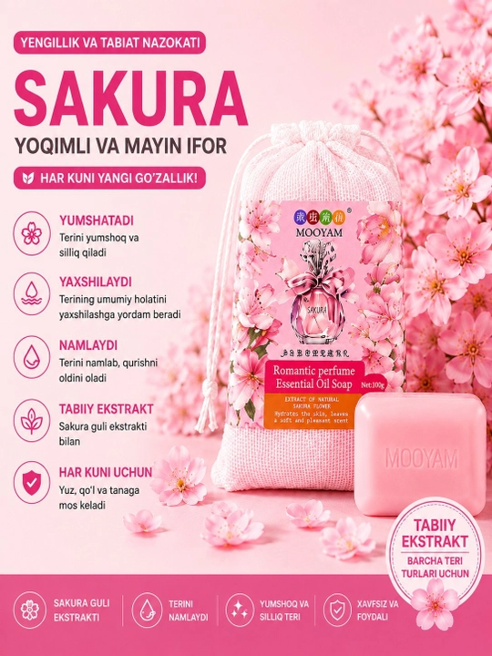 MOOYAM xushbo'y efir moyli sovun to'plami – Romashka, Lavanda, Sakura, Atirgul va Ko'k gul