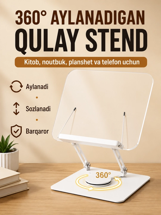 360° ga buriladigan va o‘qish uchun qisqichli yig‘ma yog‘och kitob qo‘yiladigan taglik - 