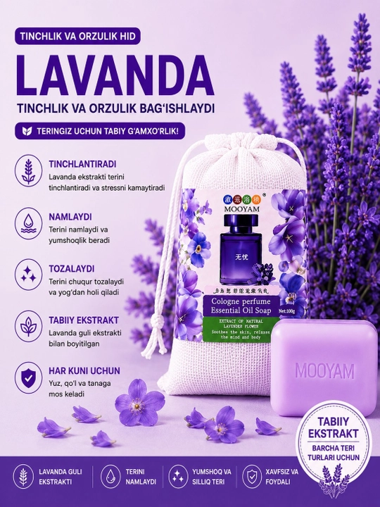 MOOYAM xushbo'y efir moyli sovun to'plami – Romashka, Lavanda, Sakura, Atirgul va Ko'k gul - 