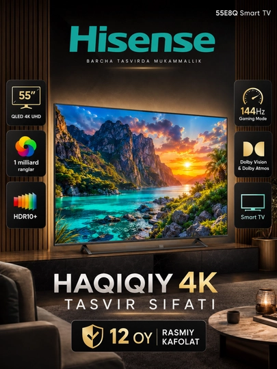 Телевизор Hisense 55E8Q Smart TV 55" 4K UHD QLED Mini LED HDR10+ Wi-Fi VIDAA - 