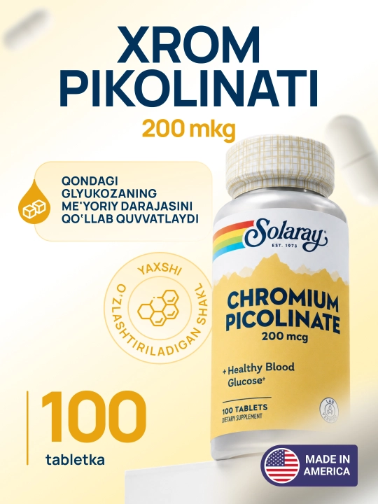 Solaray Xrom pikolinati 200 mkg glyukoza nazorati uchun, 100 tabletka