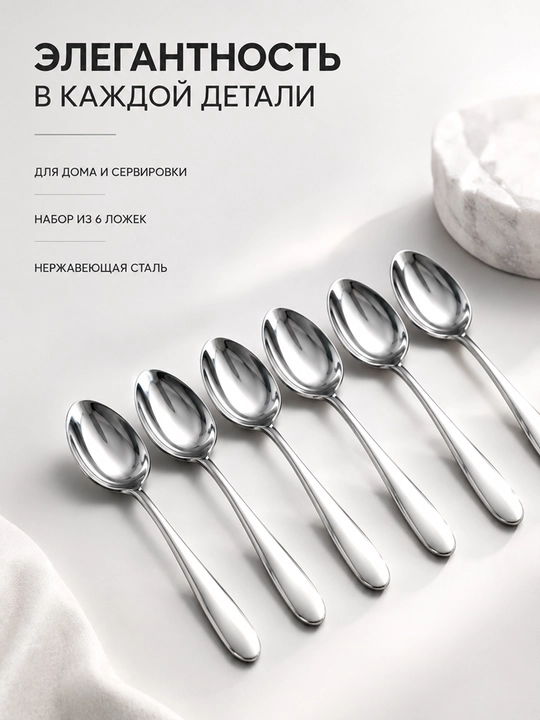 Osh qoshiq to‘plami 6 dona, zanglamaydigan po‘lat, ovqatlanish uchun qoshiq
