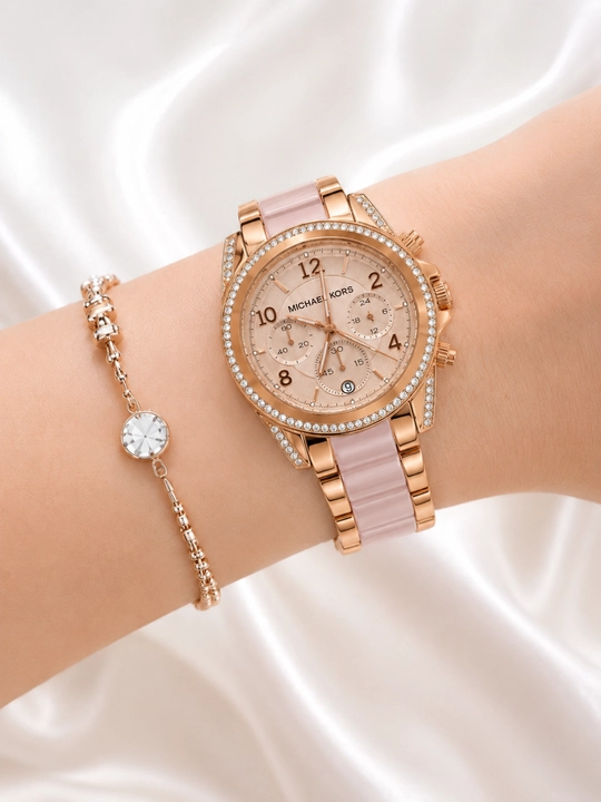 Ayollar qo‘l soati, pushti rangli rose gold keramikasi, straslar bilan, klassik uslubda - 