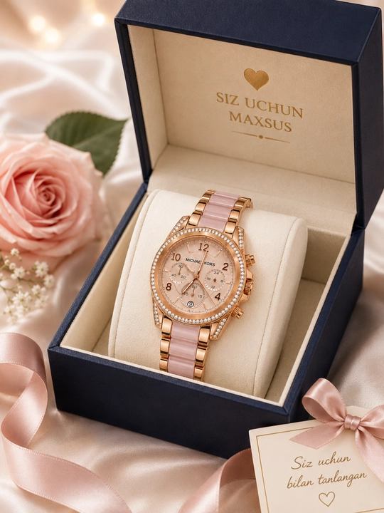 Ayollar qo‘l soati, pushti rangli rose gold keramikasi, straslar bilan, klassik uslubda