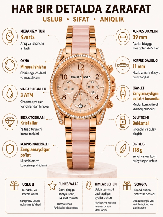 Ayollar qo‘l soati, pushti rangli rose gold keramikasi, straslar bilan, klassik uslubda