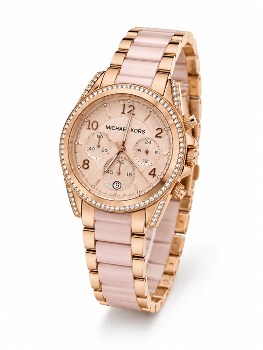 Ayollar qo‘l soati, pushti rangli rose gold keramikasi, straslar bilan, klassik uslubda