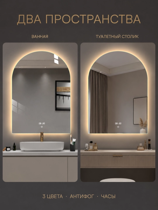 Арочное LED-зеркало, 3 цвета, часы, антизапотевание, 60×90 см, прямой низ