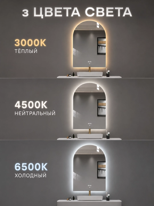Арочное LED-зеркало, 3 цвета, часы, антизапотевание, 60×90 см, прямой низ