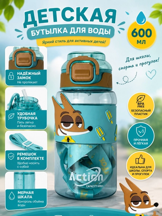"Action" trubkali va tasmali bolalar suv shishasi, sport maktabi uchun, 520 ml - 