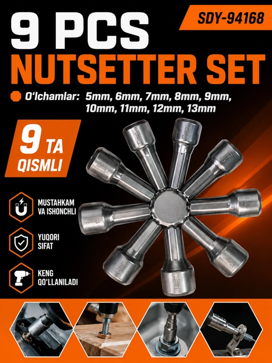 Gayka burash kallaklari to‘plami 9 dona, nasadka 5–13 mm - 