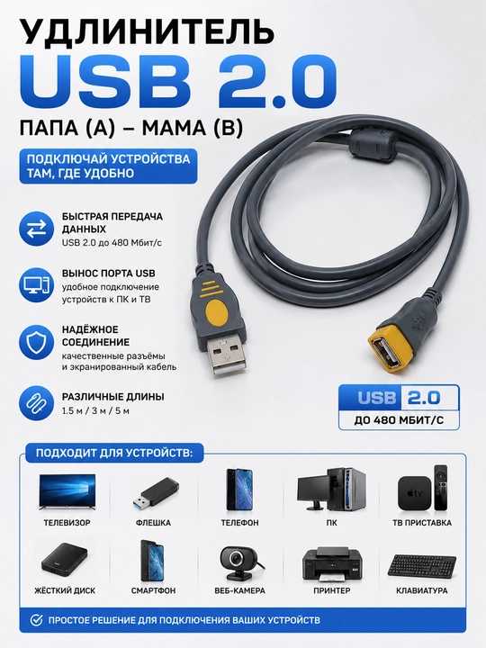 Кабель USB-USB A удлинитель, папа-мама, 1.5 м, 3 м, 5 м, 10 м, 15 м, 20 м, 30 м - 