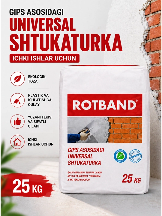 Rotband Universal Gips Shtukaturkasi, Ichki Ishlar Uchun Quruq Qurilish Aralashmasi, 25 kg - 