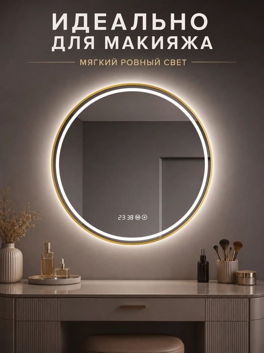 Круглое LED-зеркало 60×60 см, 3 цвета, часы, антизапотевание, для ванной