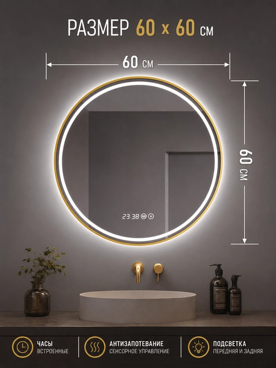 Круглое LED-зеркало 60×60 см, 3 цвета, часы, антизапотевание, для ванной