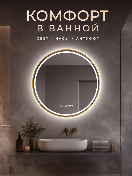 Круглое LED-зеркало 60×60 см, 3 цвета, часы, антизапотевание, для ванной