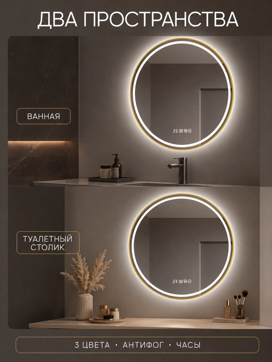 Круглое LED-зеркало 60×60 см, 3 цвета, часы, антизапотевание, для ванной