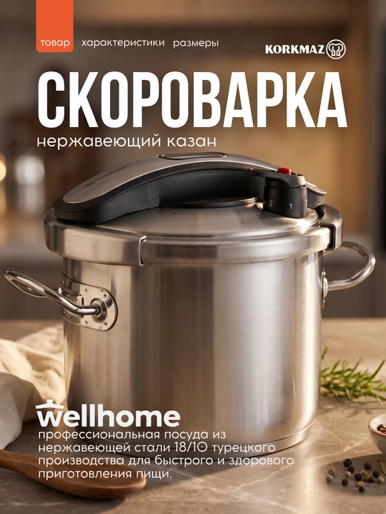 Казан-скороварка нержавеющий Korkmaz Proline, 6 л — индукция, все типы плит A177 - 