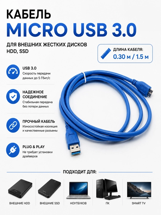 Кабель Micro USB 3.0 для внешних жестких дисков HDD, SDD 0.30m/1.5m - 