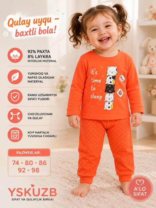 Qizchalar uchun interlok pijama,92% paxta, 8% laykra, 74–98 - 