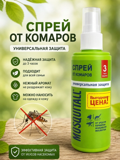 Mosquitall hasharotlarga qarshi vosita, chivin va chivinlarga qarshi sprey, 100 ml - 