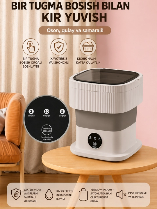 Portativ yig‘ma mini kir yuvish mashinasi, 4.5L, 6L; 9L elektr, siqish savatchasi bilan