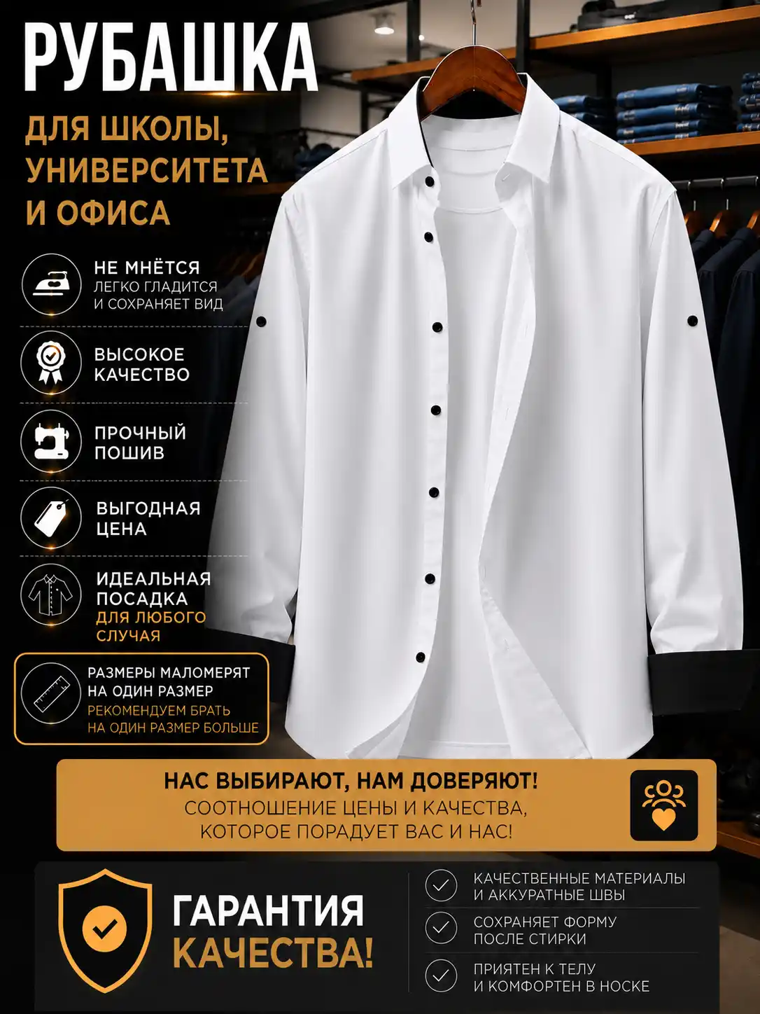 Мужская рубашка белая классическая школьная, для университета и офиса