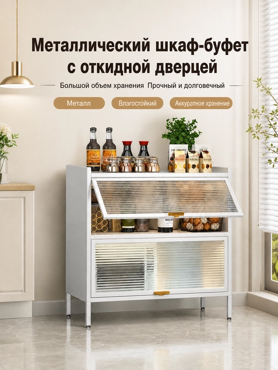 Современая металическая кухоная полка с раздвижными дверями, подходит для любого интерьера - 