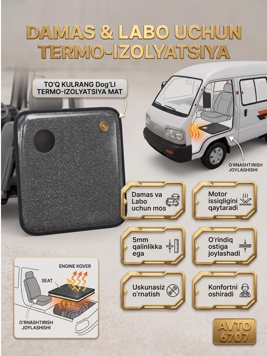 Damas va Labo uchun issiqlik izolyatsiyasi, 5mm motor qoplamasi shumka