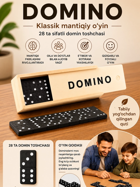 Yog‘och qutidagi klassik domino, bolalar va kattalar uchun oilaviy stol o‘yini - 
