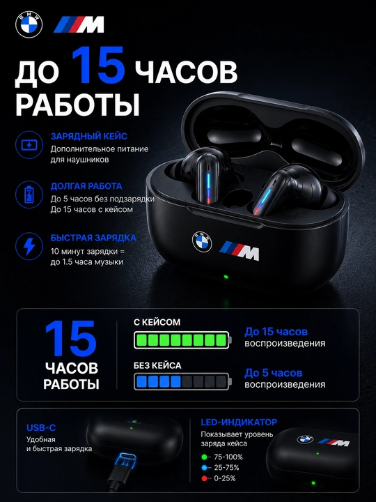 Simsiz quloqchinlar BMW M TWS, Bluetooth 5.4, HD qo‘ng‘iroqlar, sensorli boshqaruv