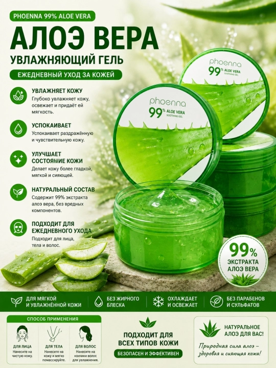 Aloe Vera 99% geli - teri uchun namlantiruvchi, tinchlantiruvchi va sovituvchi gel - 